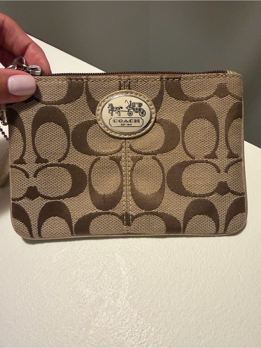 Coach Tan and Brown Signature Canvas Wristlet
